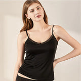 LuxeLace™ Silk Camisole Tank Top in black, featuring a V-neck and lace trim for a comfortable fit, perfect for women.
