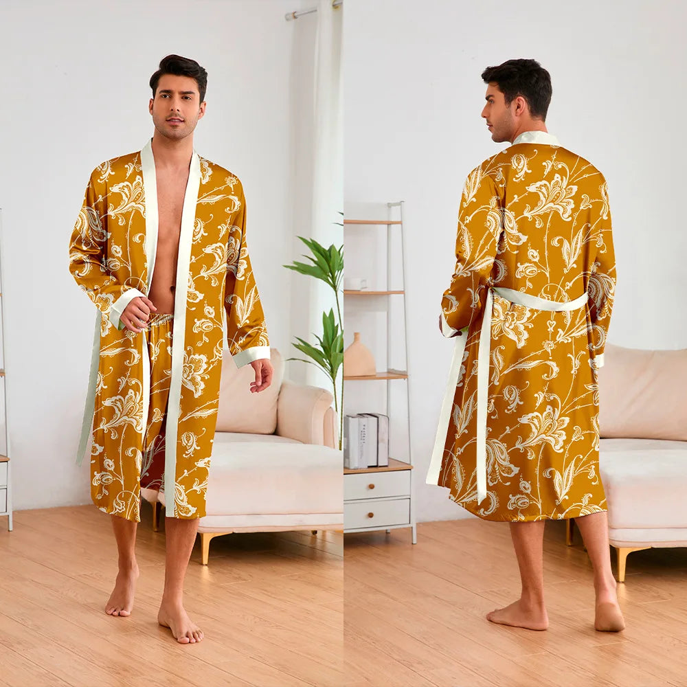 Men’s Leopard Satin Bathrobe Set