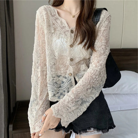 SheerCharm™ see-through lace sun shirt, long sleeve, for women, featuring a V-neck and button closure, perfect for summer.