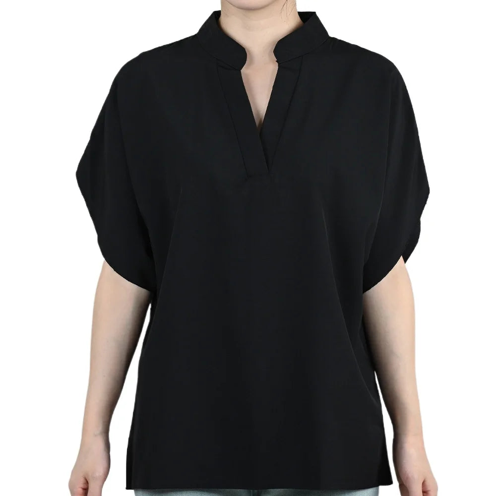 FlareFemme™ V-Neck Summer Blouse in black with short flare sleeves, ideal for a loose and elegant midlife fit.