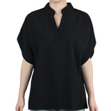 FlareFemme™ V-Neck Summer Blouse in black with short flare sleeves, ideal for a loose and elegant midlife fit.