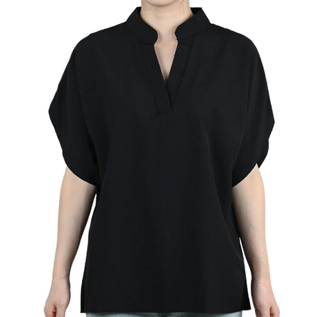 FlareFemme™ V-Neck Summer Blouse in black with short flare sleeves, ideal for a loose and elegant midlife fit.