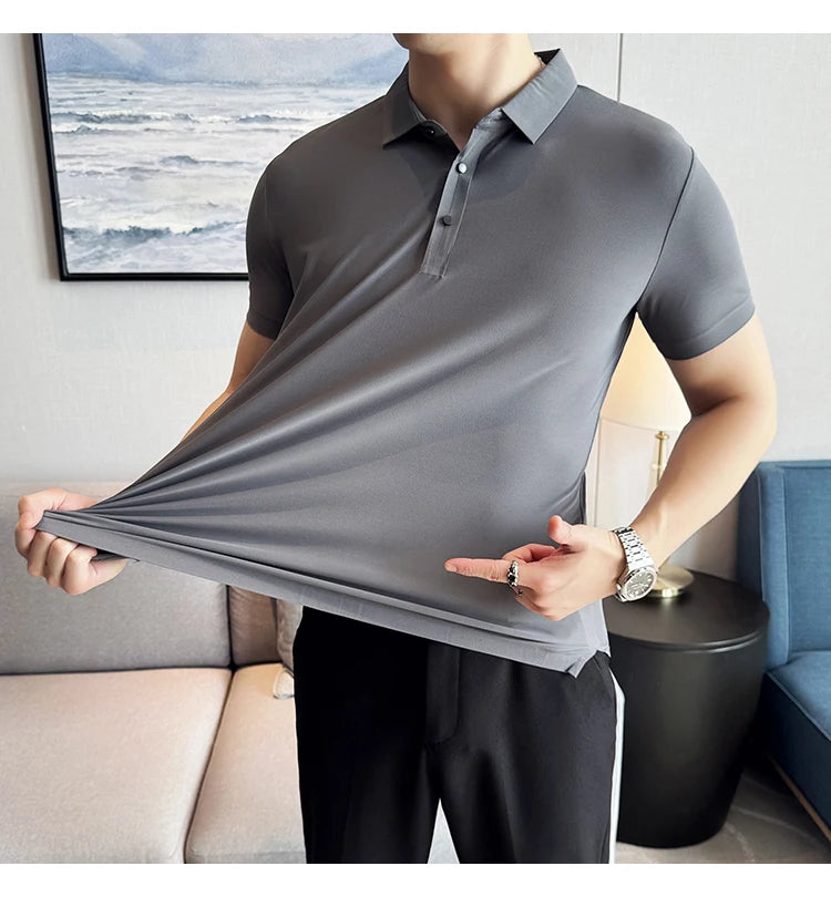 Men Ice Silk Polo Shirt Brown Top