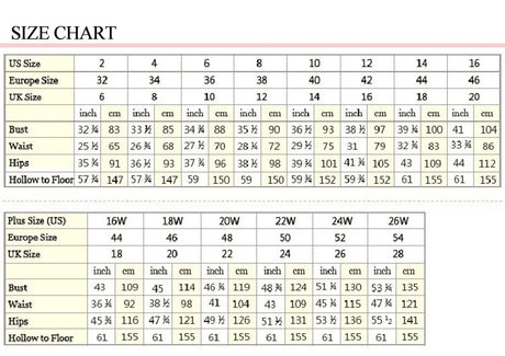 Size chart for wedding dresses including US, Europe, and UK size conversions and measurements for bust, waist, and hips.