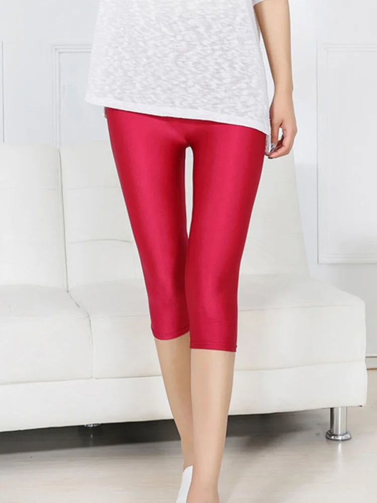 Women Shiny Neon Spandex Capri Leggings