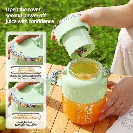 Close-up of a wireless portable juicing bucket showcasing its juicing feature with the lid being opened outdoors.