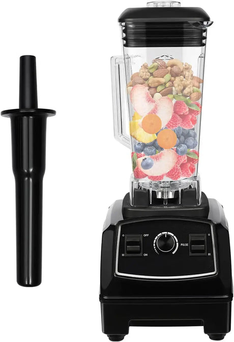 Countertop smoothie blender with stainless steel blades, featuring fruits and nuts in the jar.