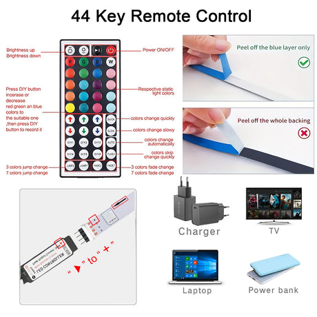 Image of 44 key remote control for RGB LED strip lights with usage instructions and power source options.