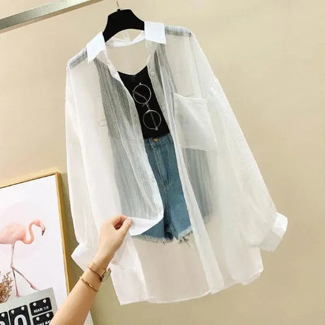 Lightweight sheer chiffon sunscreen shirt in white, perfect for casual spring/summer style.