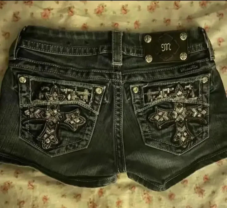 SweetGoth™ – Embroidered Y2K Mini Skirt (Gothic Low Waist Shorts)