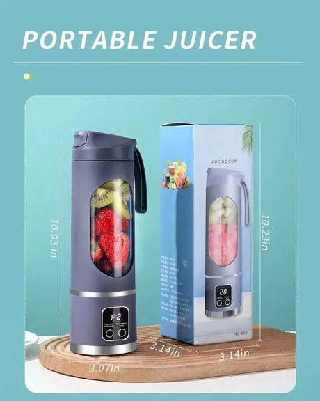 Portable 10-blade fruit juicer with 450ml capacity, featuring automatic pulp ejection and sleek design.