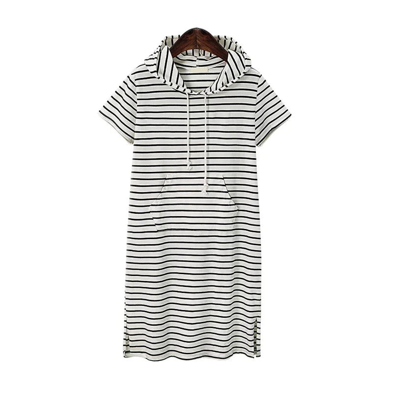 Striped pleated maternity dress in baby shower pink with hood, mid-calf length, perfect for summer, designed for expecting mothers.