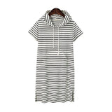Striped pleated maternity dress in baby shower pink with hood, mid-calf length, perfect for summer, designed for expecting mothers.