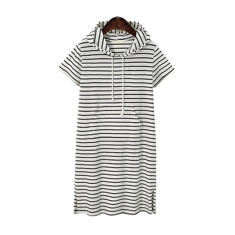 Striped pleated maternity dress in baby shower pink with hood, mid-calf length, perfect for summer, designed for expecting mothers.