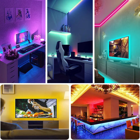 Variety of stylish rooms illuminated with RGB LED strip lights, showcasing vibrant colors and modern setups.
