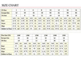 Size chart for wedding dresses including US, UK, and European sizes with corresponding measurements.