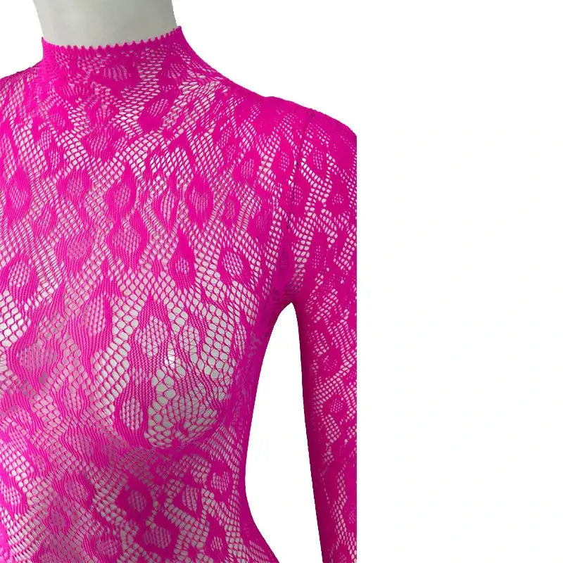 Women Lace Fishnet Long Sleeve Jumpsuit