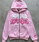 Unisex Retro Letter Zip Hoodie
