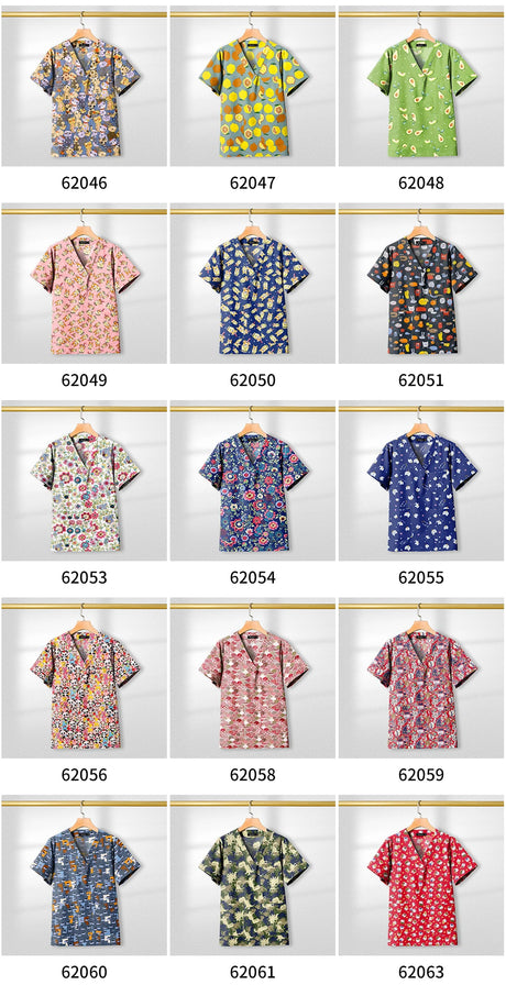 A collection of colorful short-sleeve shirts displayed on hangers, featuring various patterns and designs.
