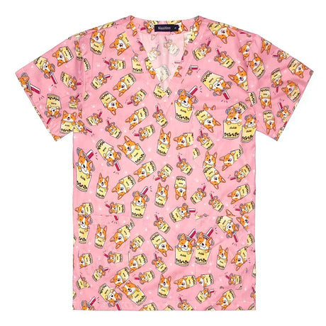 Pink women's nurse scrubs with cute cartoon prints, featuring various playful anime designs and a v-neck style.