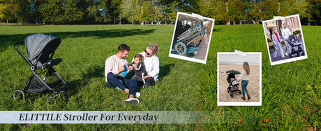 Family enjoying an ELITTLE stroller outdoors in a park, showcasing versatility and convenience for everyday use.