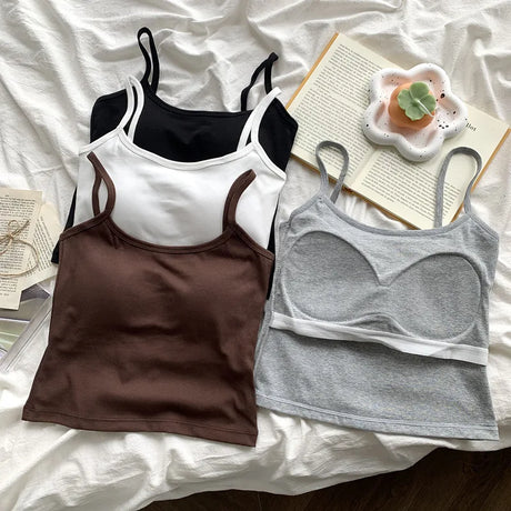 CottoForm™ padded cotton camisoles in black, white, and gray on a soft background for women's summer fashion.