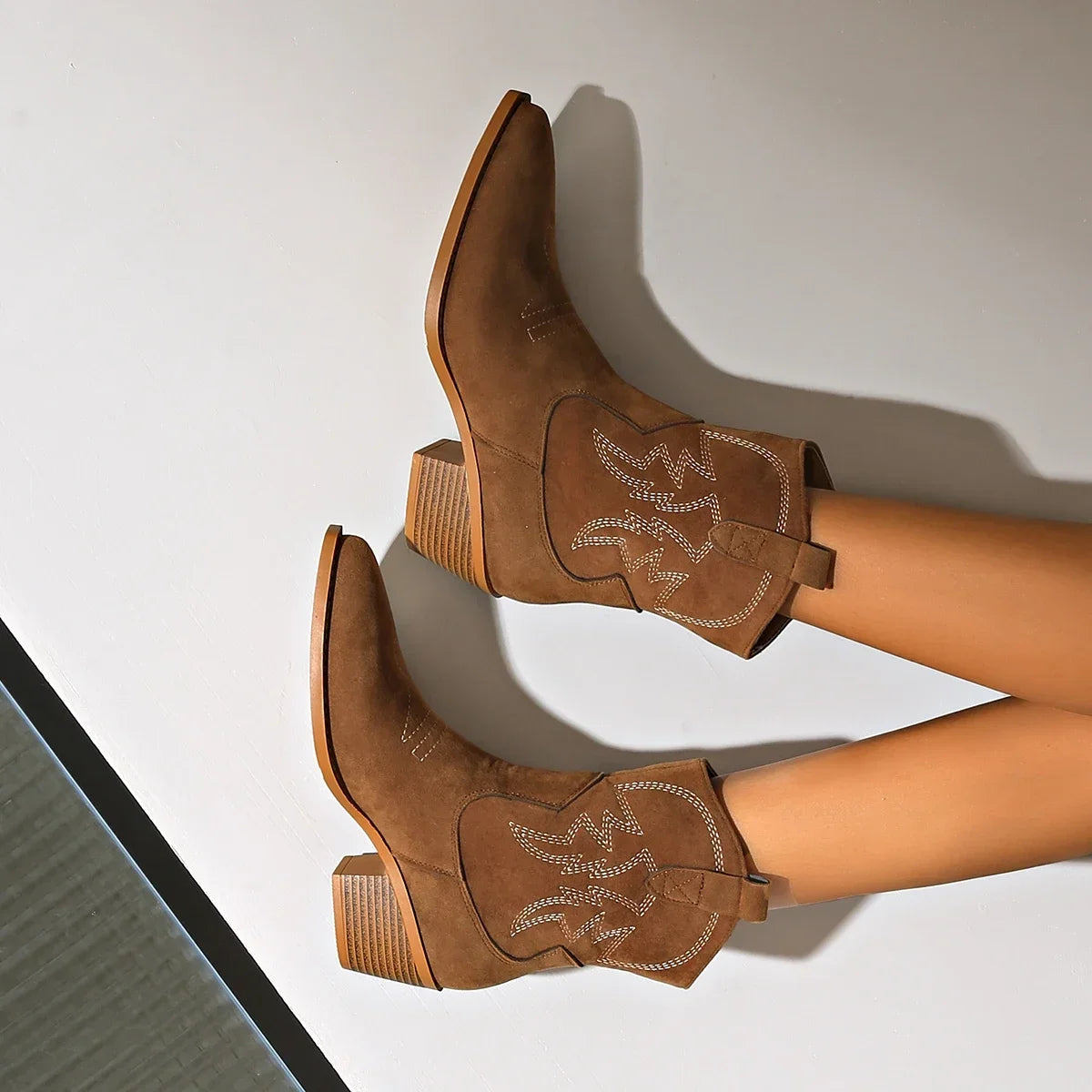 Women Western Cowboy Short Boots – Coarse Heel Embroidered Leather