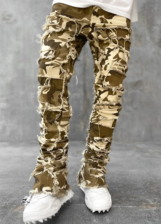 Men Patchwork Stacked Jeans