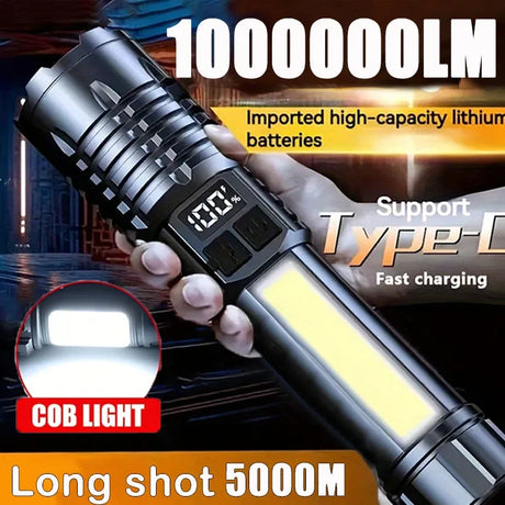 High power rechargeable Heinast LED flashlight with COB light, 10000000 lumens, adjustable focus, long battery life.