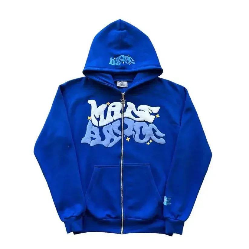 Unisex Retro Letter Zip Hoodie