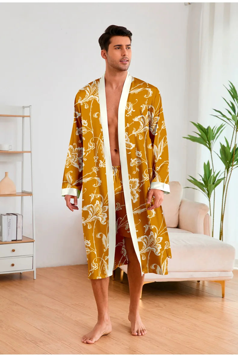 Men’s Leopard Satin Bathrobe Set