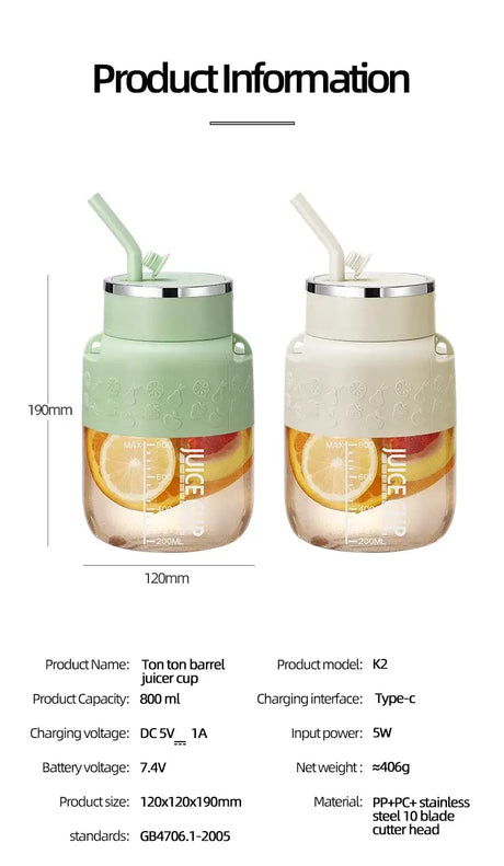 Wireless Portable Juicing Bucket - 800ml Sports Cup in green and clear, showcasing fruit slices and modern design.