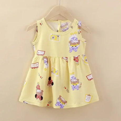 Cute yellow summer dress for girls with playful cartoon prints, knee-length and sleeveless design.
