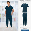 High quality medical scrub uniform set for nursing, featuring breathable fabric and unisex design, in a dark blue color.