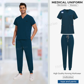 High quality medical scrub uniform set for nursing, featuring breathable fabric and unisex design, in a dark blue color.