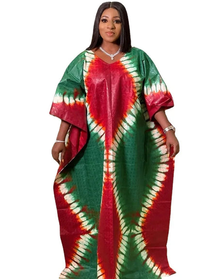 African plus size printed long maxi dress in vibrant red and green colors, perfect for traditional wear and special occasions.