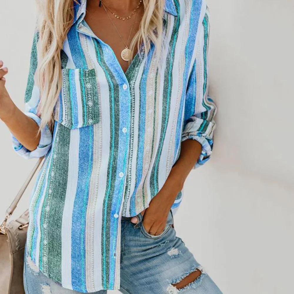 Women Striped Lapel Button Cardigan Shirt