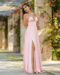 V-neck sleeveless bridesmaid evening dress in pink, featuring a split gown design, perfect for formal events.