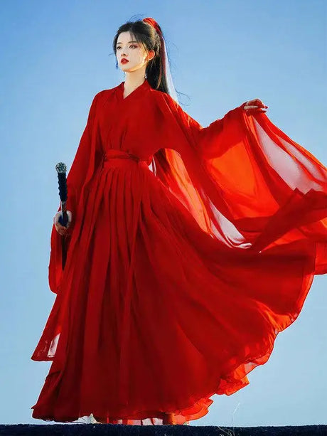 Swordsman Hanfu Costume in wine red, flowing sleeves, showcasing Tang Dynasty style, ideal for cosplay and dance.