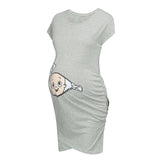 Loose casual maternity dress in gray with cartoon print, perfect for plus size women during summer.