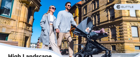 Mom and dad walking with EMU Reversible Baby Stroller in a sunny urban setting, showcasing its stylish design and features.