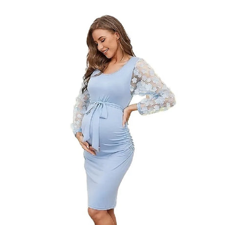 Vintage mesh floral maternity gown in blue with lace sleeves, designed for summer photo shoots, knee-length.