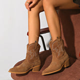 Women Western Cowboy Short Boots – Coarse Heel Embroidered Leather