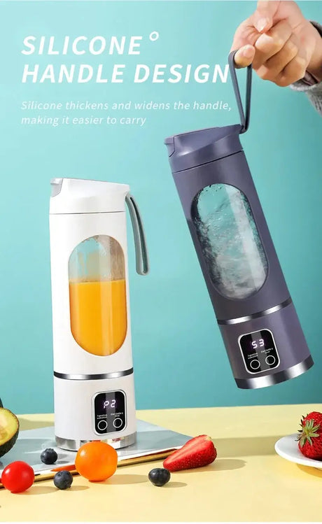 Two portable juicers with a silicone handle design, one with juice and one with ice, showcasing their easy-carry feature.