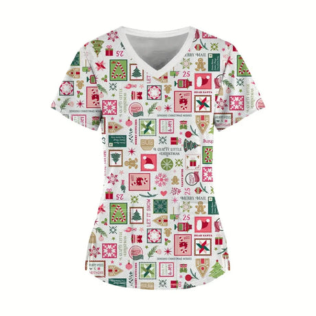 Women's Christmas cartoon nurse scrubs with festive prints, V-neck design, perfect for medical professionals during the holiday season.