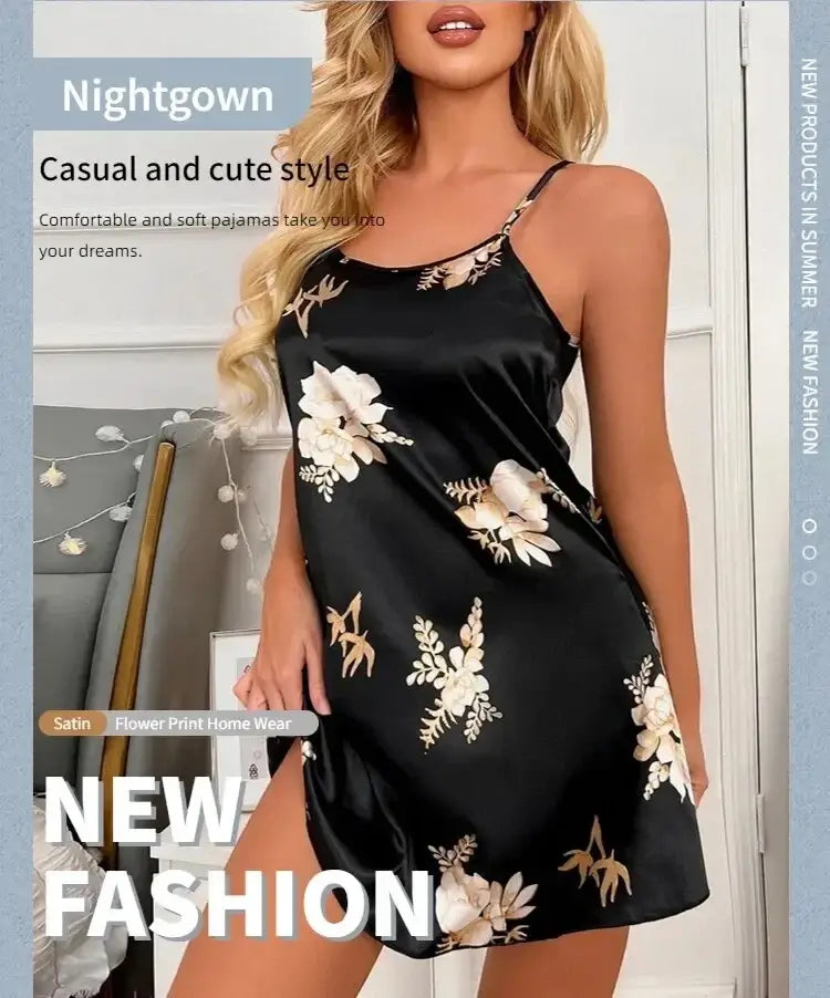 Women Black Floral Nightdress Satin Sleepshirt Casual