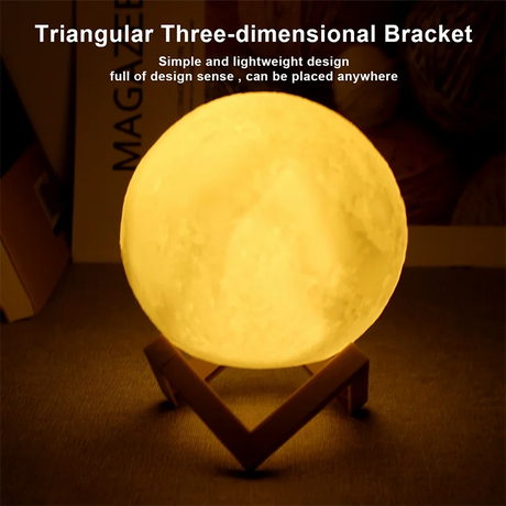 LED moon lamp with triangular base, showcasing a lightweight design that fits any decor.