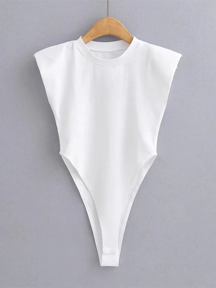 Women's Sleeveless Padded Shoulder Bodysuit – Summer Bodycon One-Piece