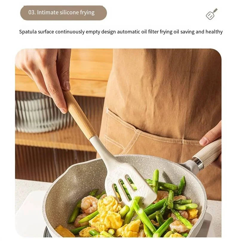 Silicone Cooking Utensil Set with Wooden Handle