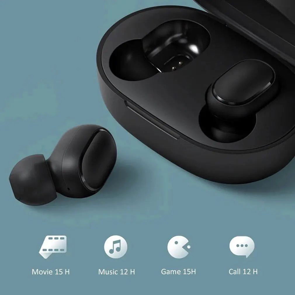 TWS A6S wireless Bluetooth headset in charging case, showcasing battery life for movies, music, games, and calls.